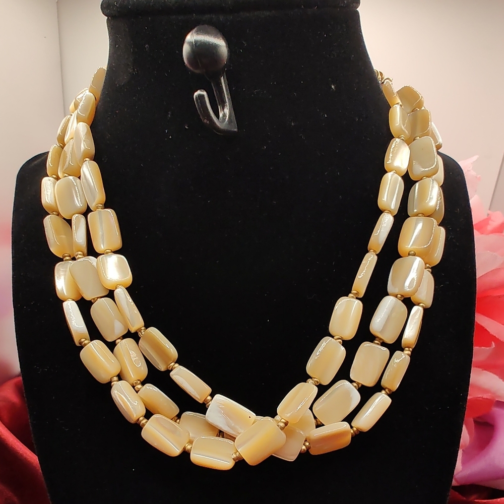 Vintage Polished Three String Mother Of Pearl Necklace.